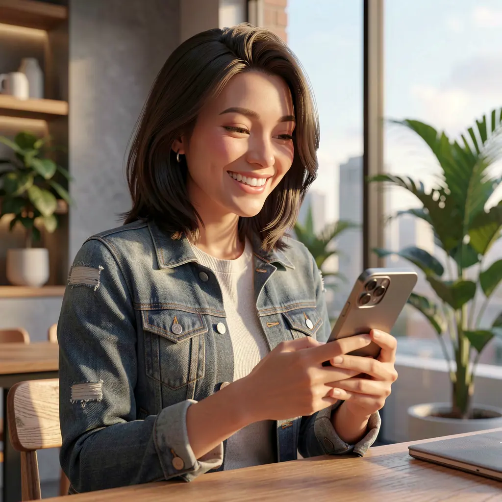 Confident Malaysian woman standing outdoors while using the FYI777 casino app on her smartphone in a cinematic urban setting
