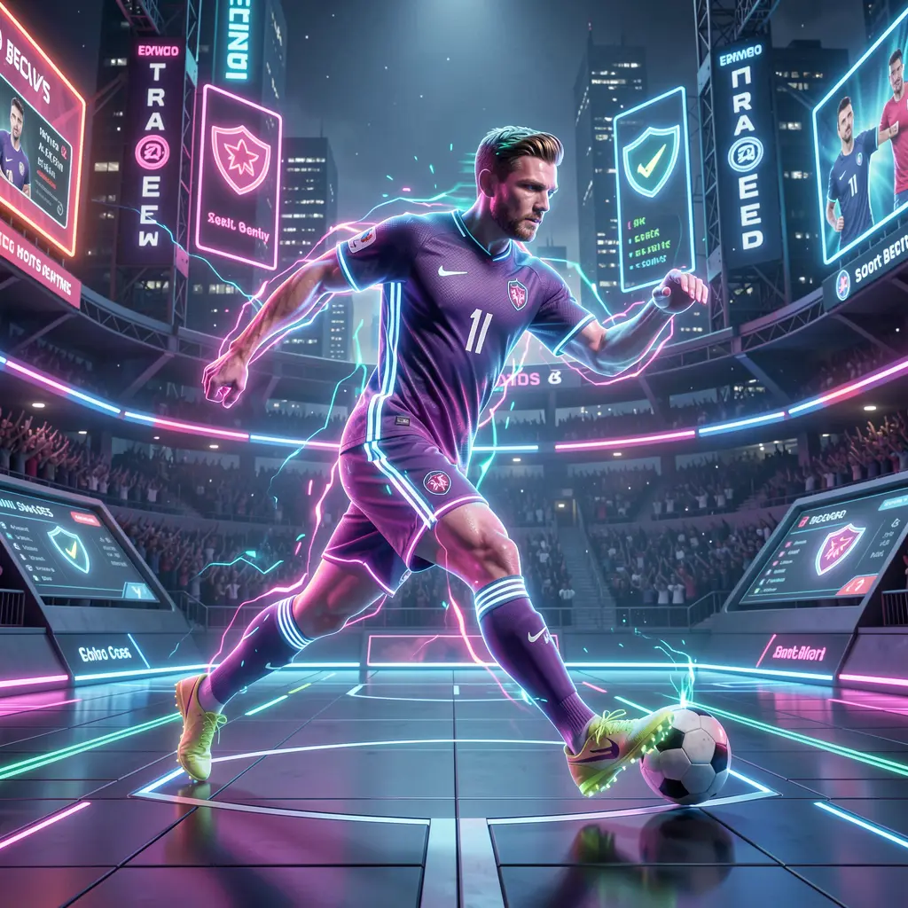 Futuristic digital soccer player surrounded by glowing lines and data points representing advanced sports betting technology on FYI777 in Malaysia