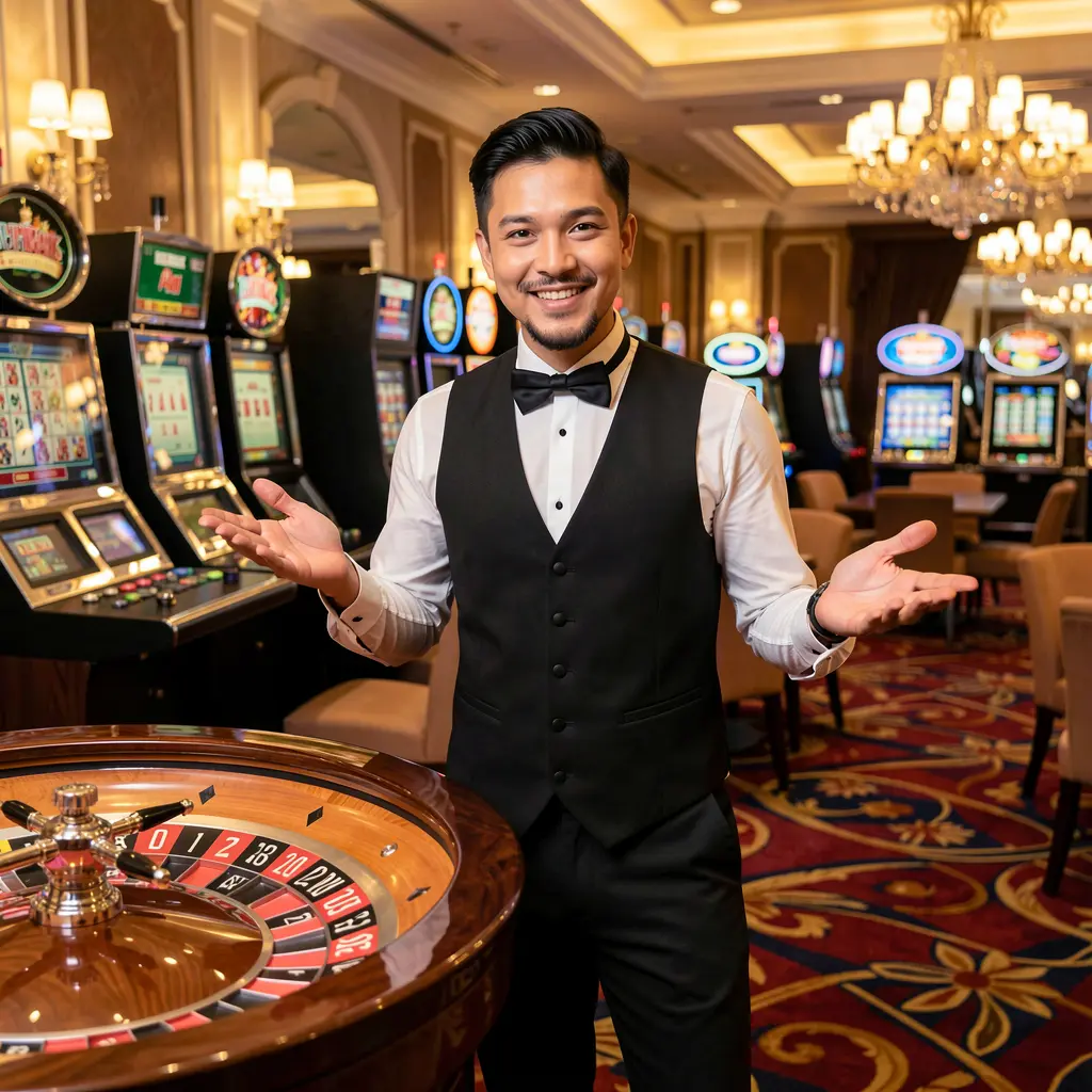 Elegant live casino dealer in a black vest and bow tie presenting a roulette table in a luxury studio on FYI777 for Malaysian players