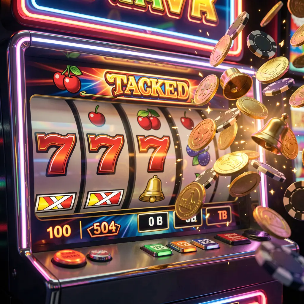 Modern slot machine with triple seven symbols and scattered gold coins highlighting jackpot wins at FYI777 online casino in Malaysia